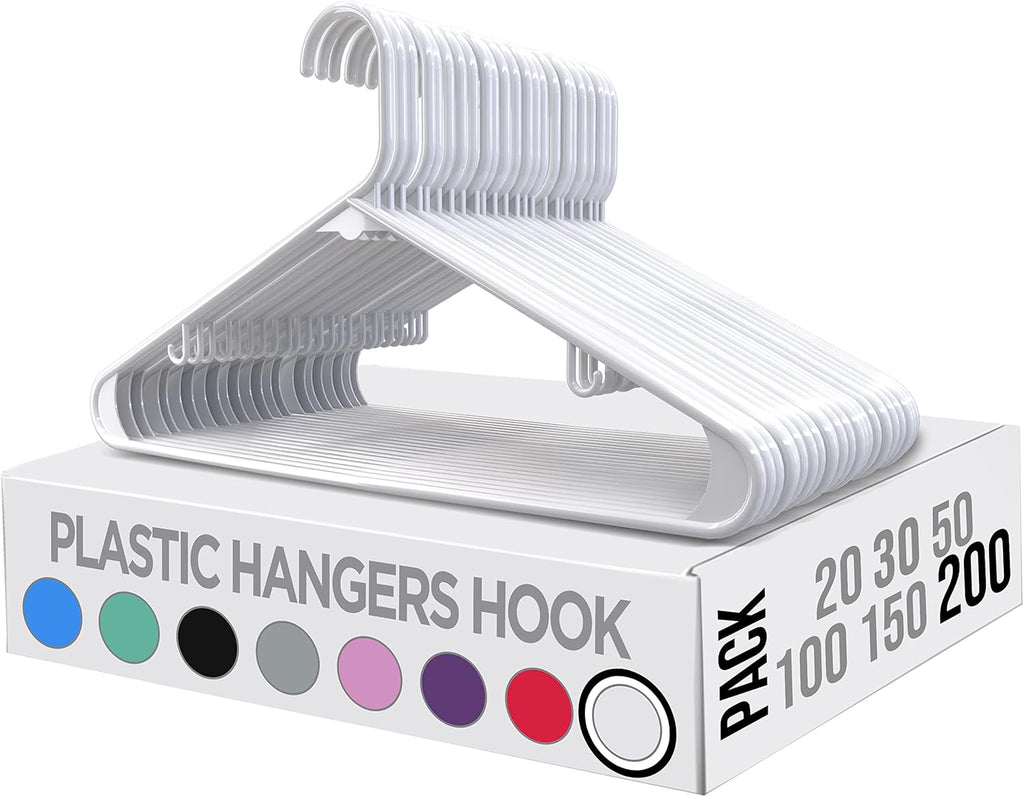 Utopia Home Plastic Hangers 200 Pack - Durable Space-Saving Closet Organizers - Essential for Shirts, Pants & Coats (White)