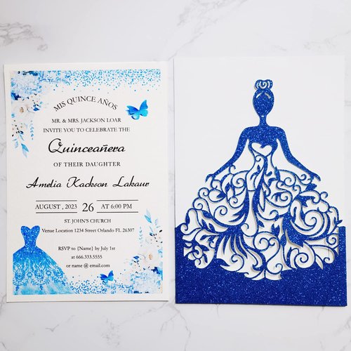 FLZOPYNE 50PCS Blank Quinceanera Invitations, 5 x7.3 Inch Laser Cut Girl Princess Invitation Card Kit with Envelopes for Quinceañera, XV Años, Mis Quince, Birthday Party Sweet 16 (Royal Blue Glitter)