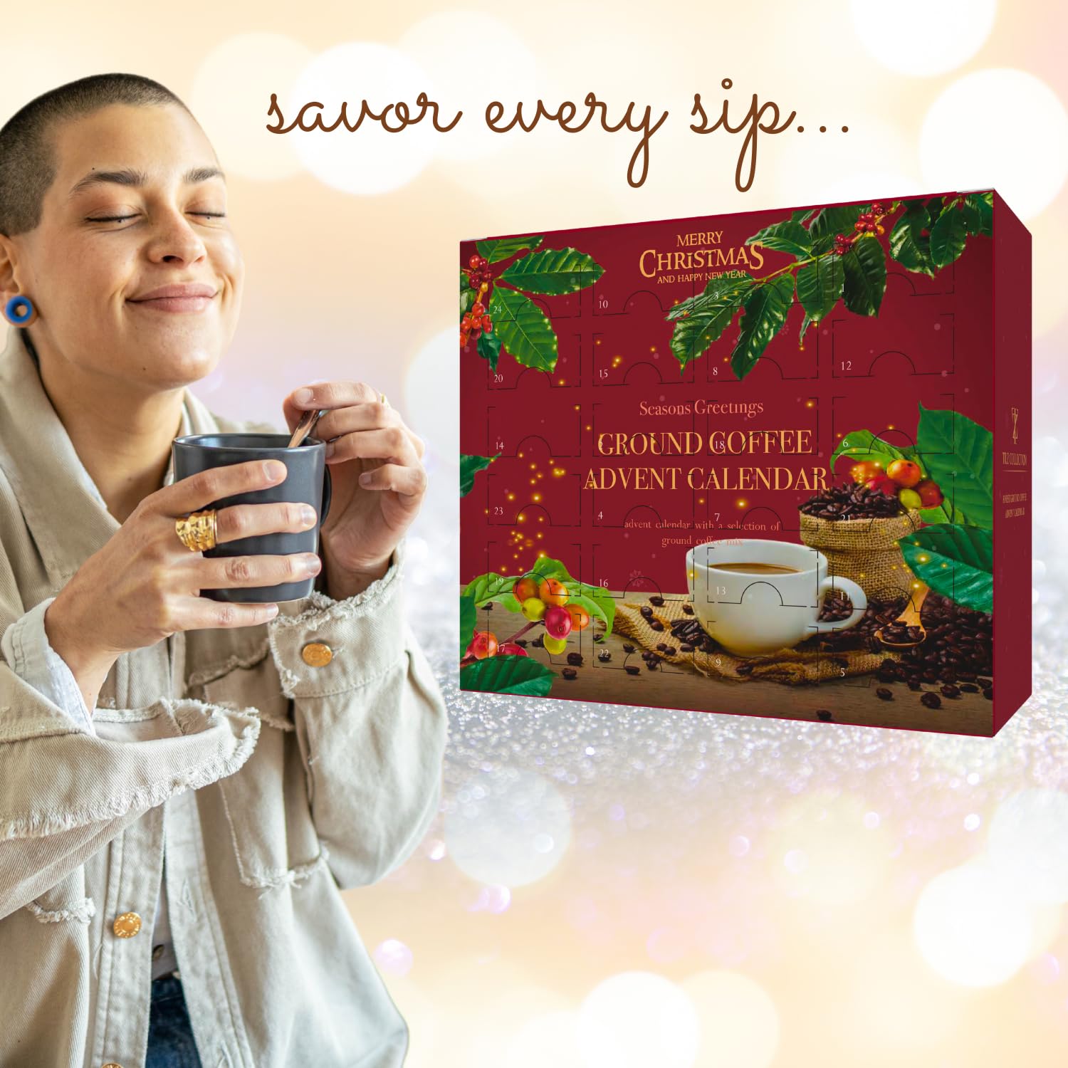 Skiennix 24 Days Advent Calendar | Flavored Ground Coffee Gift Set - French Vanilla, Hazelnut, Irish, Italian & Cinnamon