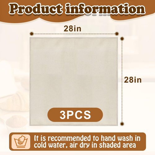 3pcs 100% cotton Tea Towels for Baking Sourdough - 28" Unbleached Bread Basket Flour Sack Towels, Proofing Cover Cloth for Dough Raising Baguettes Loaves Ciabatta, Bread Making Accessories Bakers Gift