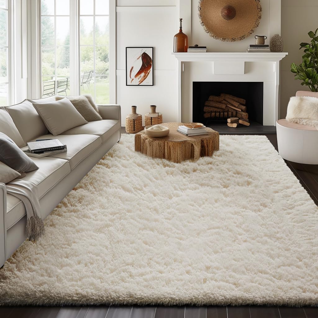 Ophanie Area Rugs - Soft Non-Slip Fluffy Shag Carpet for Living Room | Ivory 8x10 Large Indoor Rug