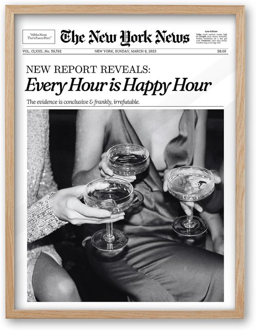 iHery Framed Newspaper Wall Art - Trendy Retro New York Prints | Natural Oak Wood, 16x20in for Bedroom & Dorm