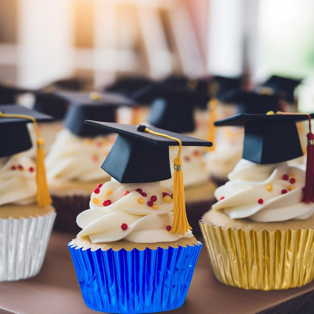 Whaline Graduation Foil Cupcake Liners - 150Pcs Blue Silver Gold Metallic Baking Cups for Parties