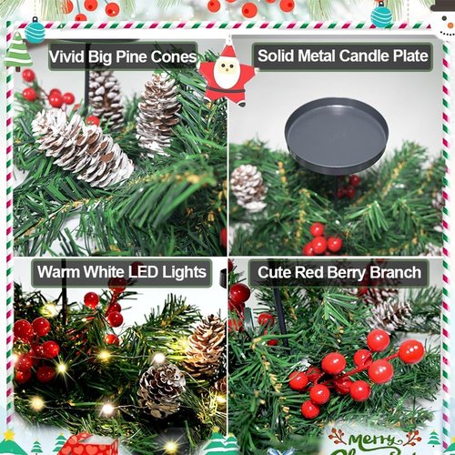 Christmas Table Centerpiece | 21.7” Candle Holders with Iron Trays & Red Berries | Holiday Home Decor