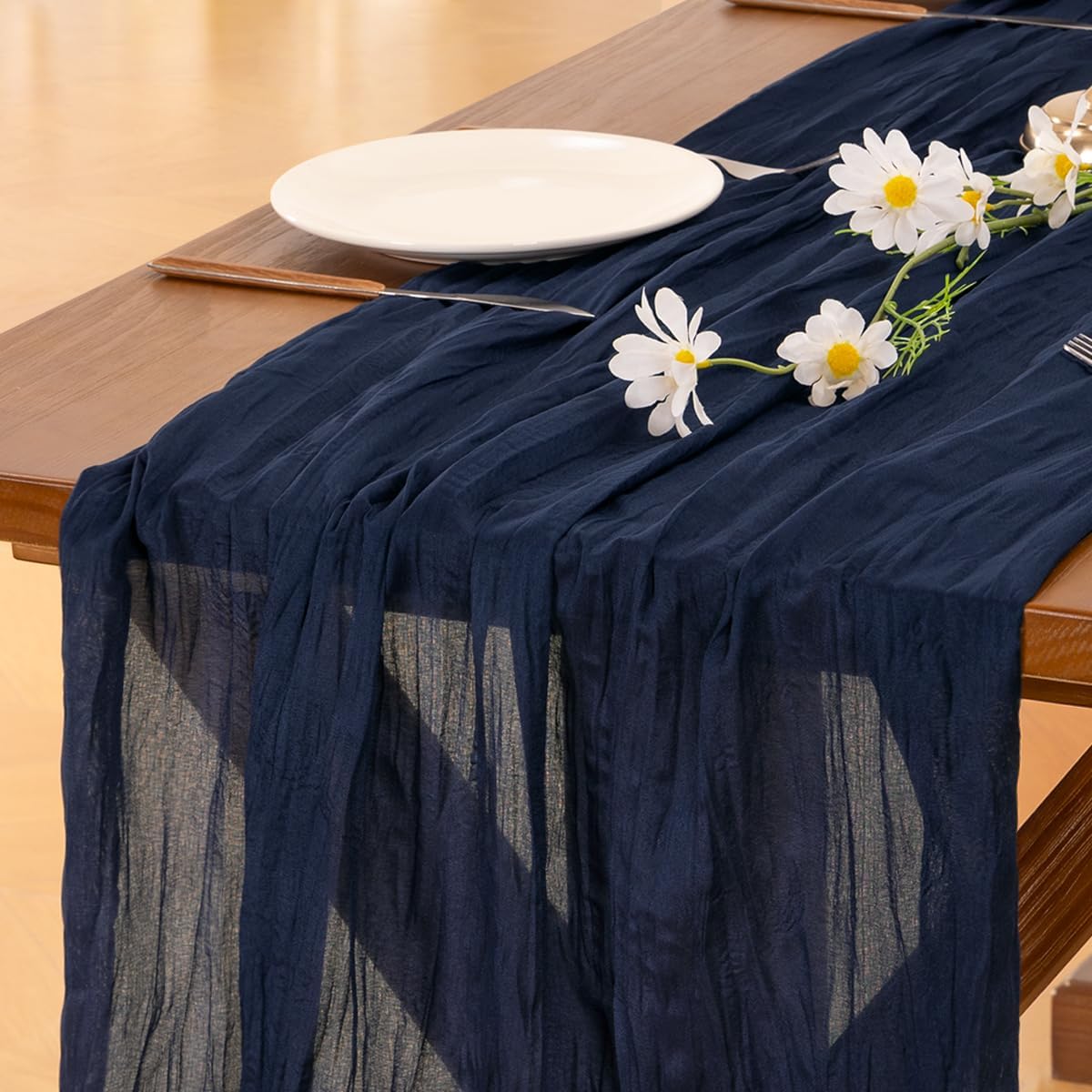 Socomi Cheesecloth Table Runner - Navy Blue Boho Rustic Design | 120 Inch for Weddings & Events
