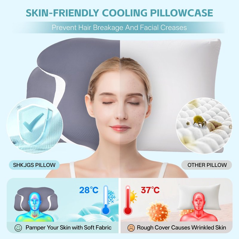 SHKJGS Cervical Neck Pillow for Neck Pain Relief & Support - Cooling Ergonomic Memory Foam Pillow with Dual-Height Contour & Ice Silk Cover for Side, Back, Stomach Sleepers,Grey