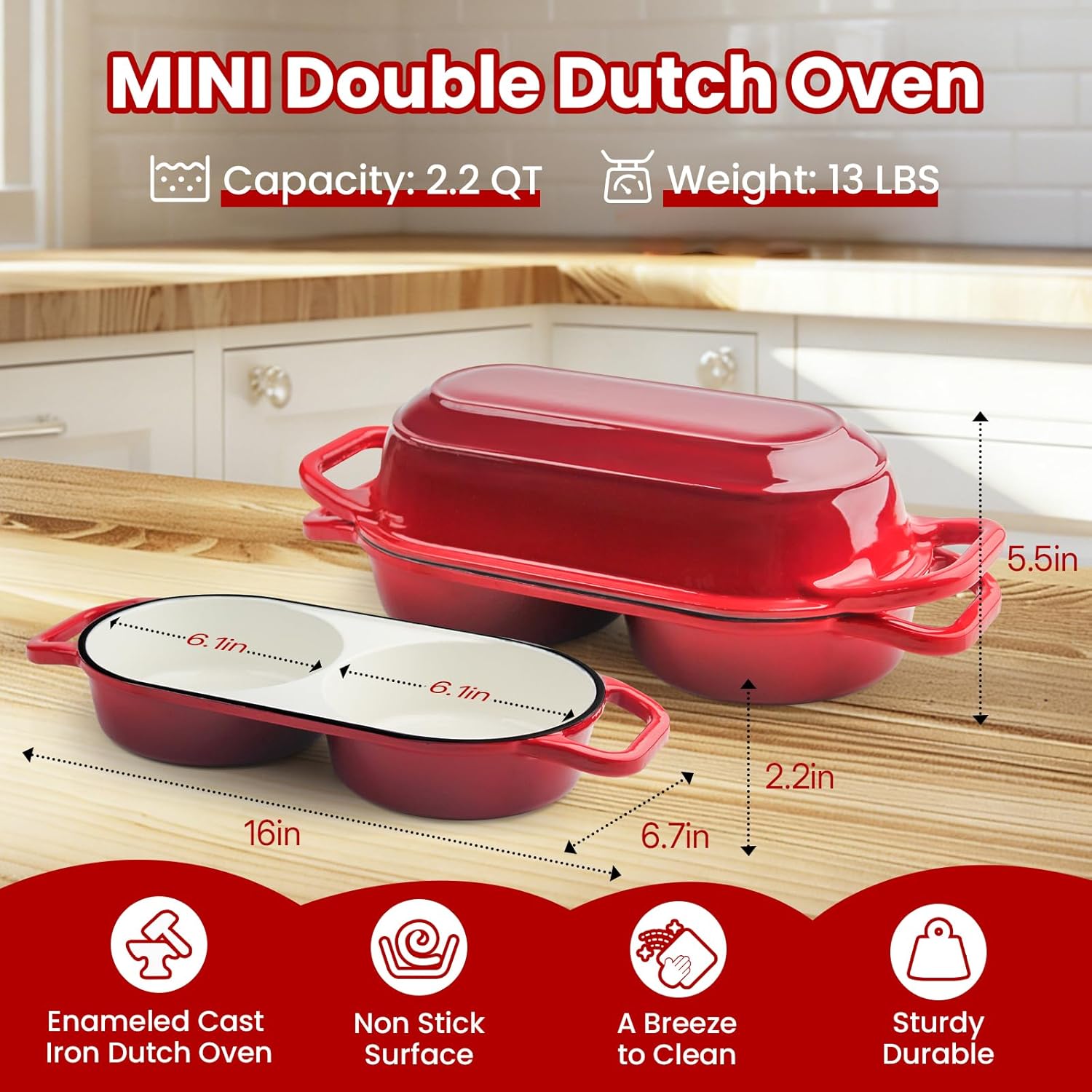 YONILL Mini Double Dutch Oven - Enameled Cast Iron Pot with Lid & 5" Banneton Basket Kit | Red
