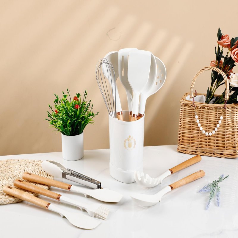 Jiufei Home 13-Piece Silicone Kitchen Utensils Set, Wooden Handle Nonstick Cooking Tools with Spatula Turner Tongs Ladle, Heat Resistant 450°F BPA-Free Dishwasher Safe Cookware Accessories (White)