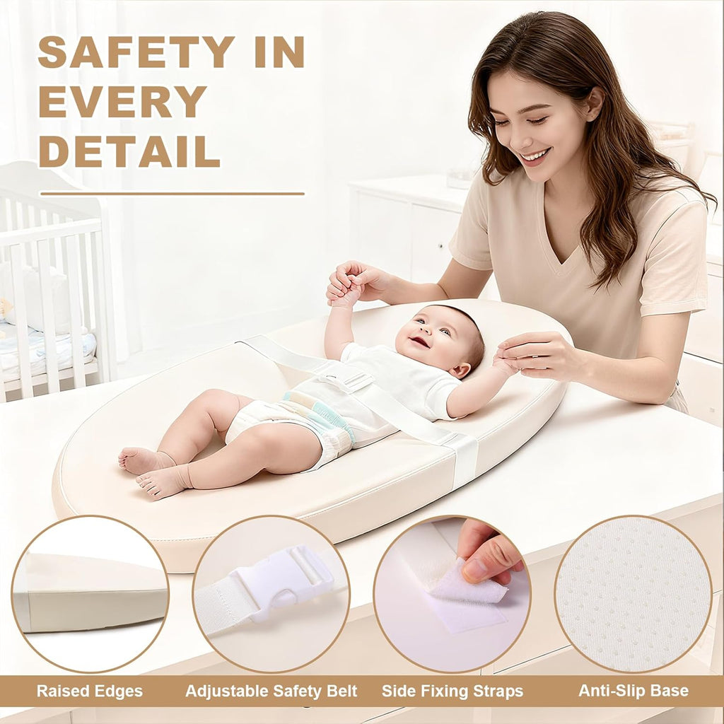 Regine Switzerland Baby Changing Pad - Waterproof PU Cover, Non-Slip Safety Belt, Portable Foam Mat | Beige