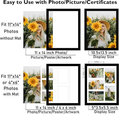 JCJMY 11x14 Picture Frame - Stylish 4-Opening Collage Frame for 5 Photos | Black Multi-Photo Display
