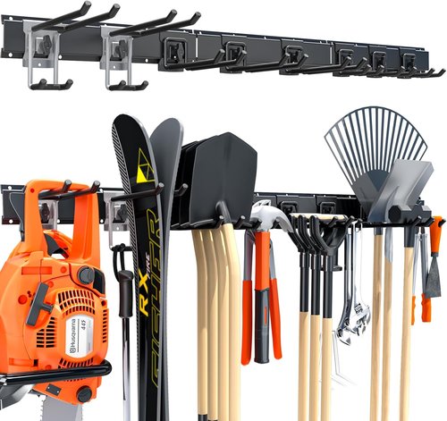 Garage Tool Organizer - 48" Heavy Duty Metal Storage Rack | Adjustable Hooks for Rakes, Brooms & More