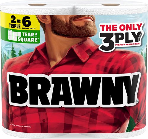 Brawny 3-Ply Tear-A-Square Paper Towels - Strong & Absorbent | 2 Triple Rolls (6 Regular Rolls)