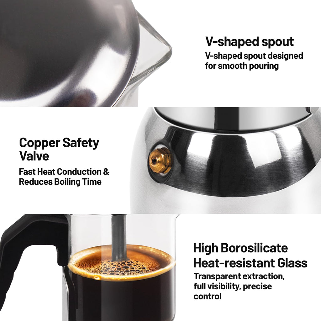 Vaolvpant 4 Cup Glass Clear Moka Pot Thickened 304 Stainless Steel Stovetop Espresso Maker Italian Coffee Machine 200ml 6.8oz Classic Mocha Cafe Greca Coffee Suitable for Gas Induction