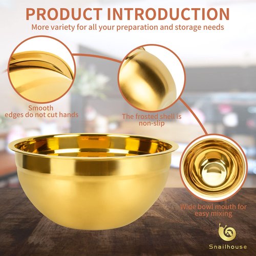 Snailhouse Mixing Bowl, 2 Quart Stainless Steel Salad Serving Large Metal Nesting Baking Cooking Big Bowls for Kitchen Entertaining, Gold
