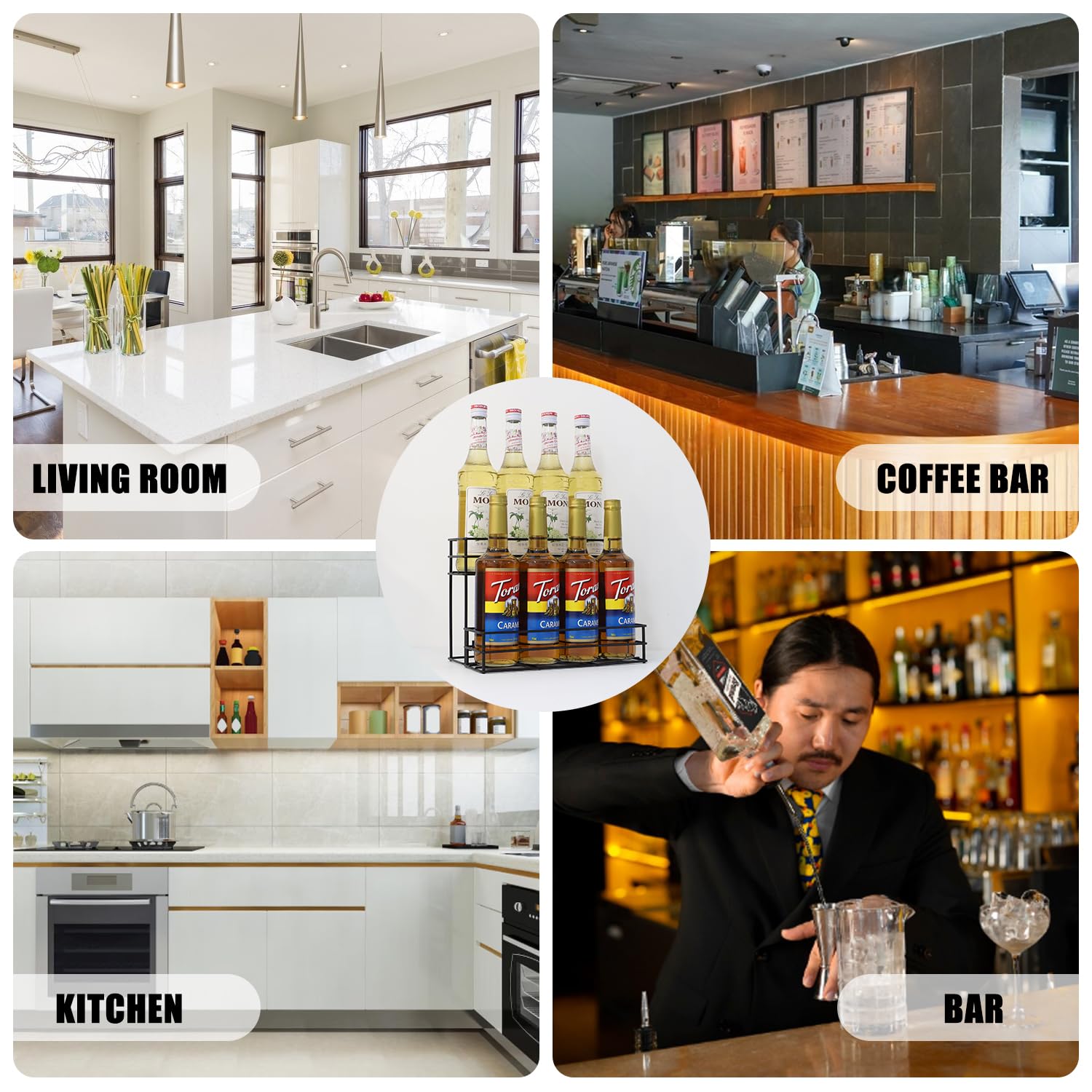 onneka Coffee Syrup Rack & Syrup Holder – Loved by 5,000+ Coffee Fans! 2-Tier Rustproof Rack, Fits 750ml Torani & Monin Bottles, Elevate Coffee Bars, Kitchens, Pubs, Restaurants & Parties (8 bottles)