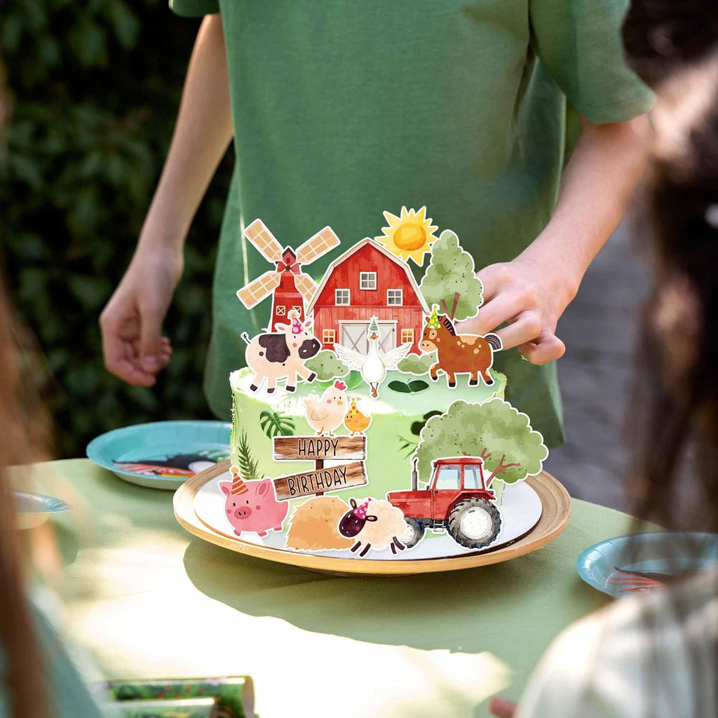Skiennix 16PCS Farm Animal Birthday Cake Decorations - Fun Party Toppers with Barn, Tractor & Animals