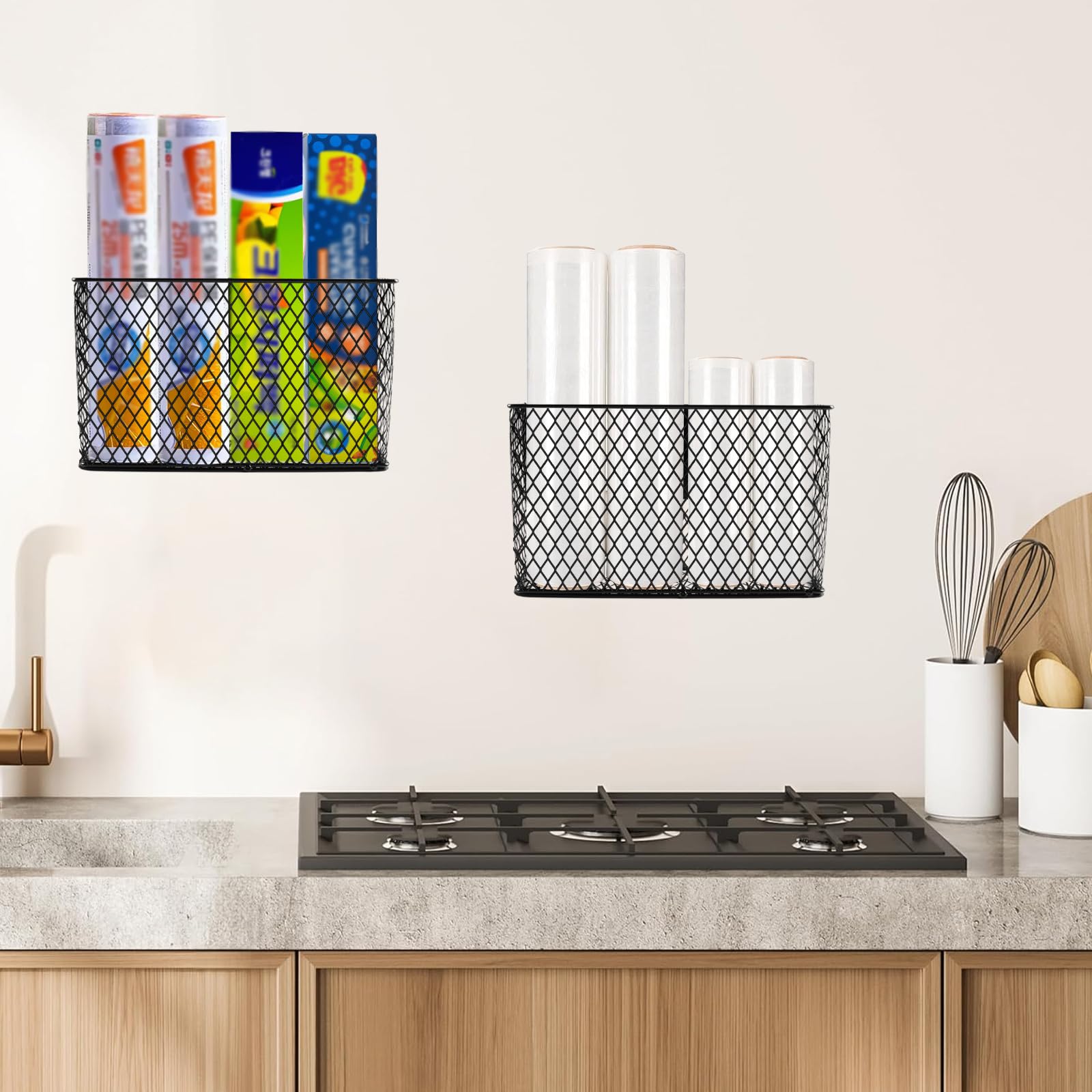 Yomjarl Aluminum Foil Organizer,Kitchen Foil and Plastic Wrap Holder with Mesh Strong Magnetic,Wrapping Paper Plastic Bag Storage Organizer,Inside Cabinet Freezer Door Storage Holders & Organizers