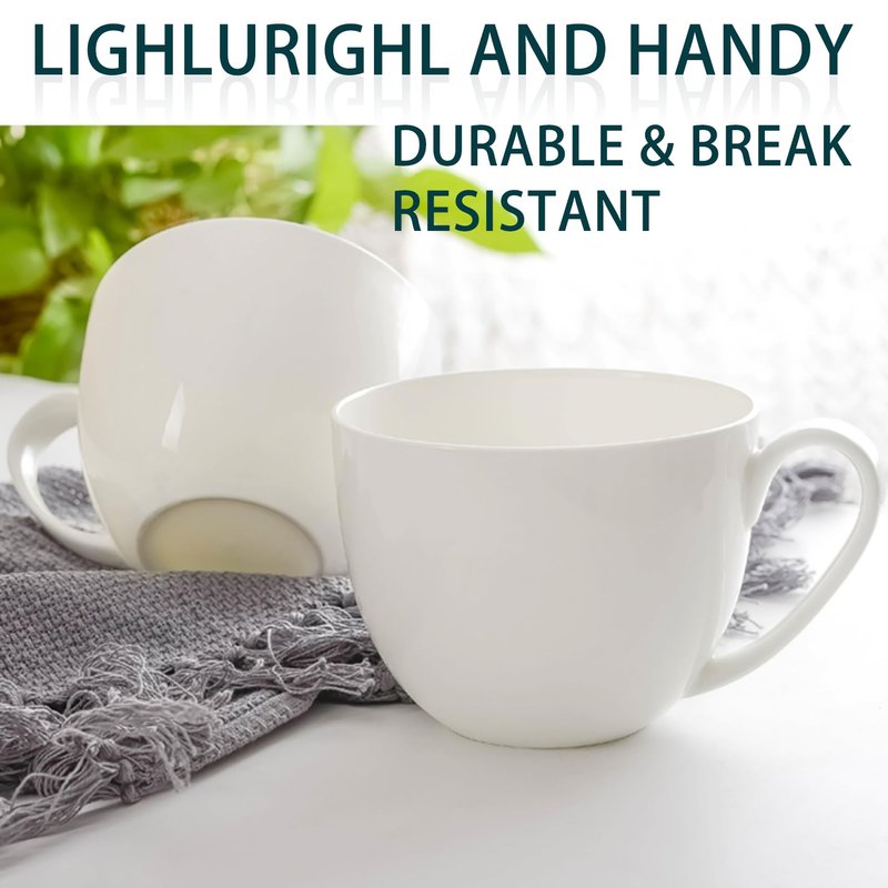 Gang Rinpoche 22 OZ White Bone China Soup Mugs with Handles, Large Ceramic Coffee Mugs Set of 2 for Hot Chocolate Cocoa Cereal Salads Yogurt Beverage Milk Latte Cappuccino, Dishwasher Microware Safe