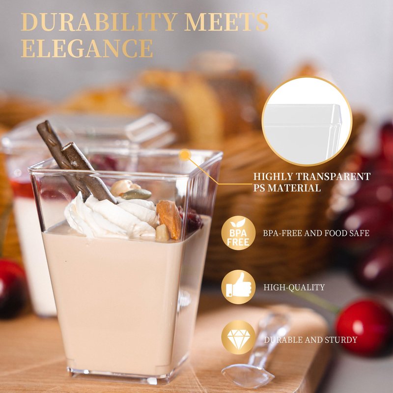 NZVCN 100 Pack 5oz Mini Dessert Cups with Soopns and Lids, Clear Square Dessert Bowls Small Plastic Parfait Cup Appetizer Cups for Wedding Party