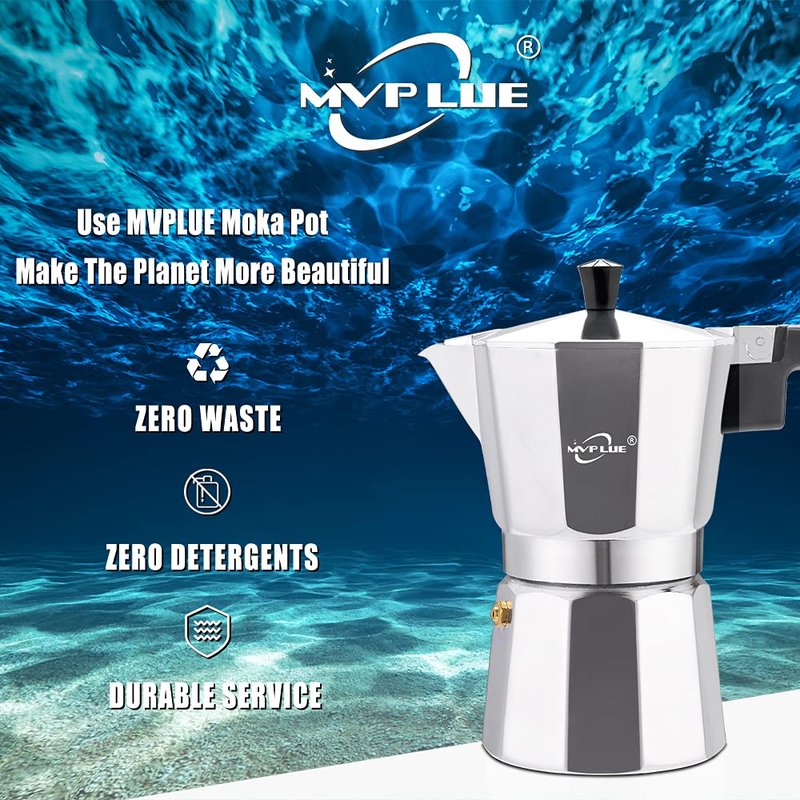 MVPLUE Classic Stovetop Espresso Maker 6 Cup ，Moka Pot Aluminum Silver，Perfect Cuban Coffee Maker， Make Delicious Coffee Easily at Home And Camping