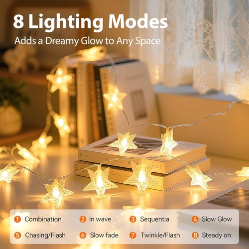 Lakumu Star String Lights - 50 LED Battery Operated Fairy Lights | 17FT Warm White Twinkle Lights with 8 Modes & Timer for Bedroom, Dorm, Wedding, Party
