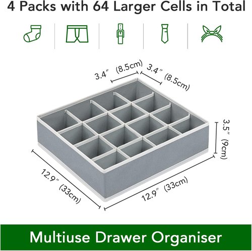 Homsorout Sock Organizers - Large Foldable Dresser Drawer Storage for Men's Socks & Ties | 4-Pack (Grey)