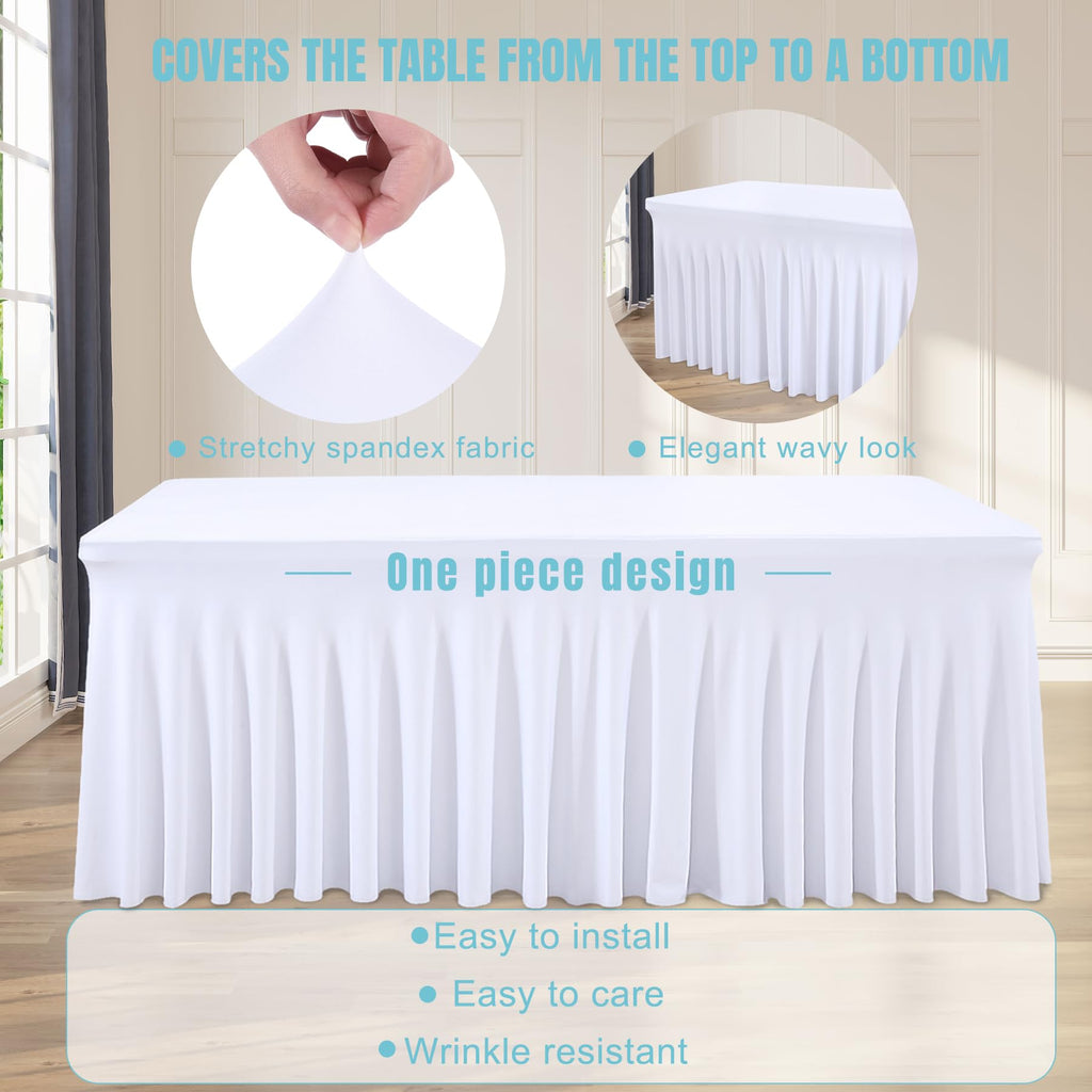 2 Packs White Tableclothes for 8 Foot Rectangle Tables, Wrinkle Resistant Fitted Table Cloth Stretch Spandex Table Covers with Skirt for Event Banquet Wedding Birthday Party