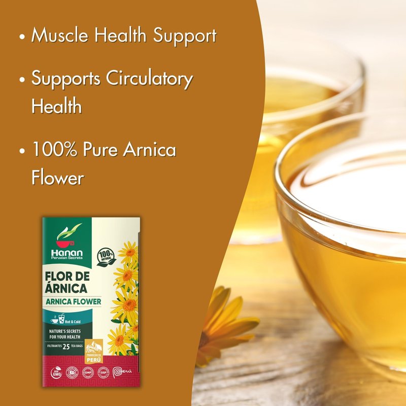 Hanan Peruvian Secrets Flor de Arnica 25 Herbal Teabags Arnica Tea Flowers Natural Dried Herb from Peru 25 Filtered Teabags