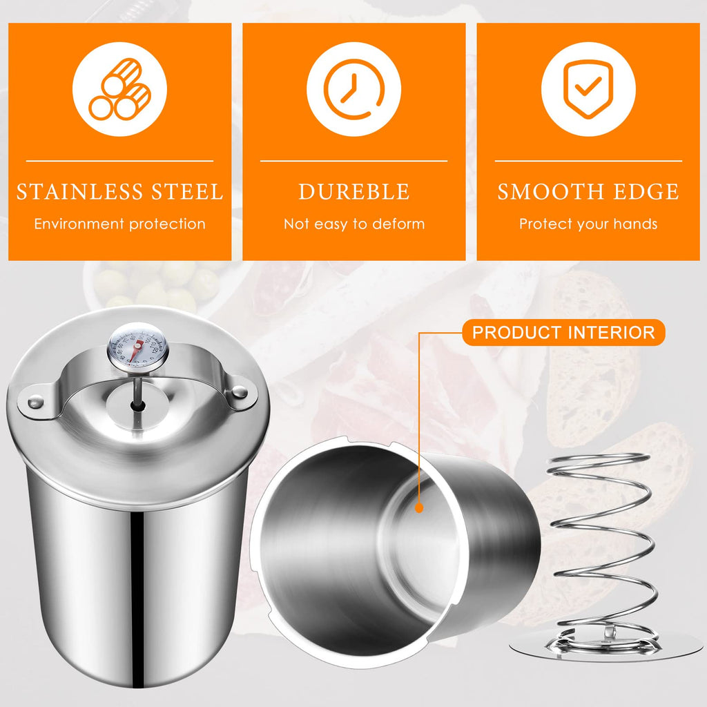 Skylety 1 Piece Stainless Steel Meat Press Maker with Thermometer Ham Deli Meat Bacon Sandwich Press Maker for Making Homemade Healthy Deli Seafood Poultry Patty Cooking Tool