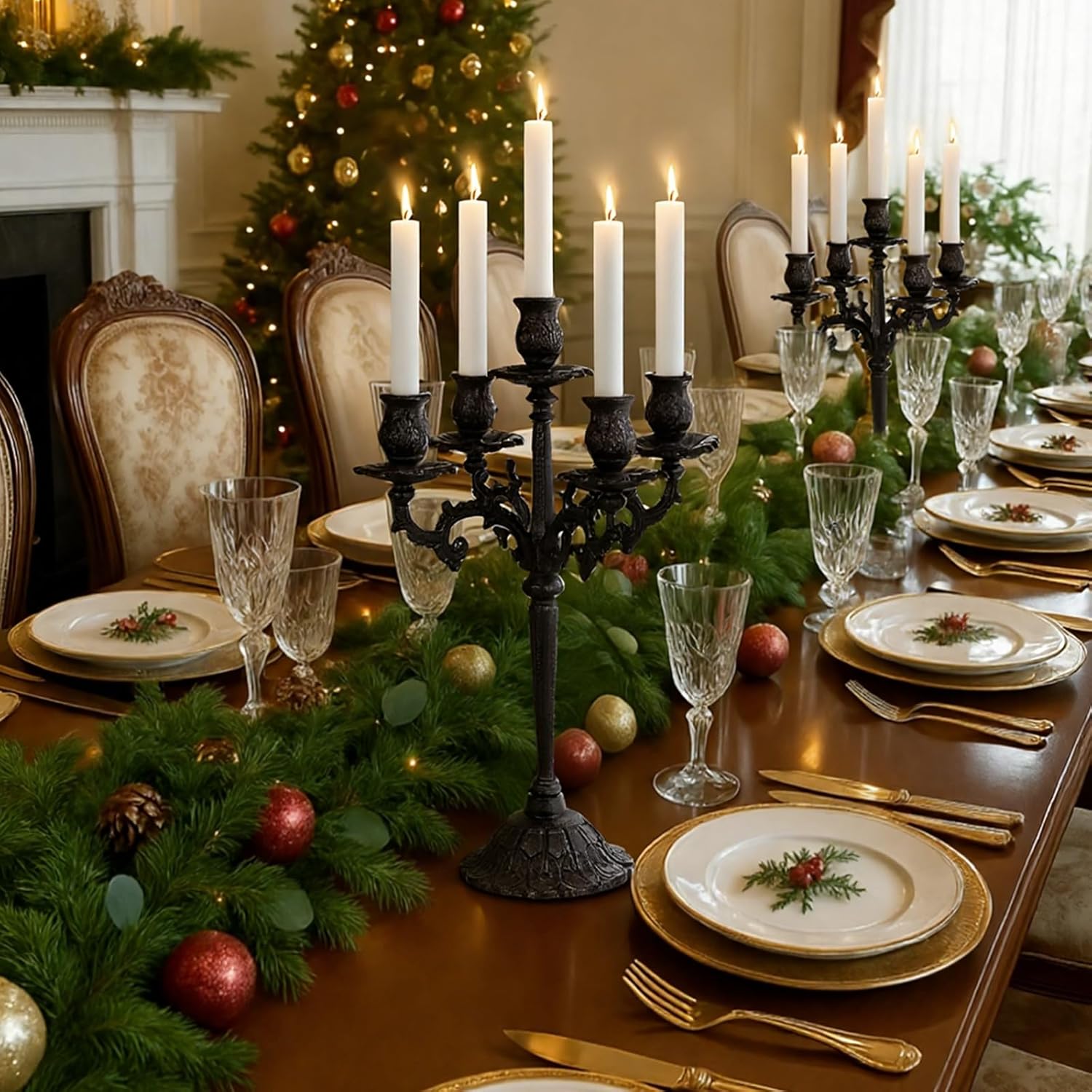 Mumufy Black Candelabra Set - 5 Arm Cast Iron Candle Holders | 16.7" Vintage Gothic Centerpieces