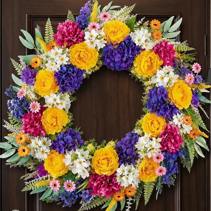 26 Inch Artificial Spring and Summer Wreath for Front Door with Hanger