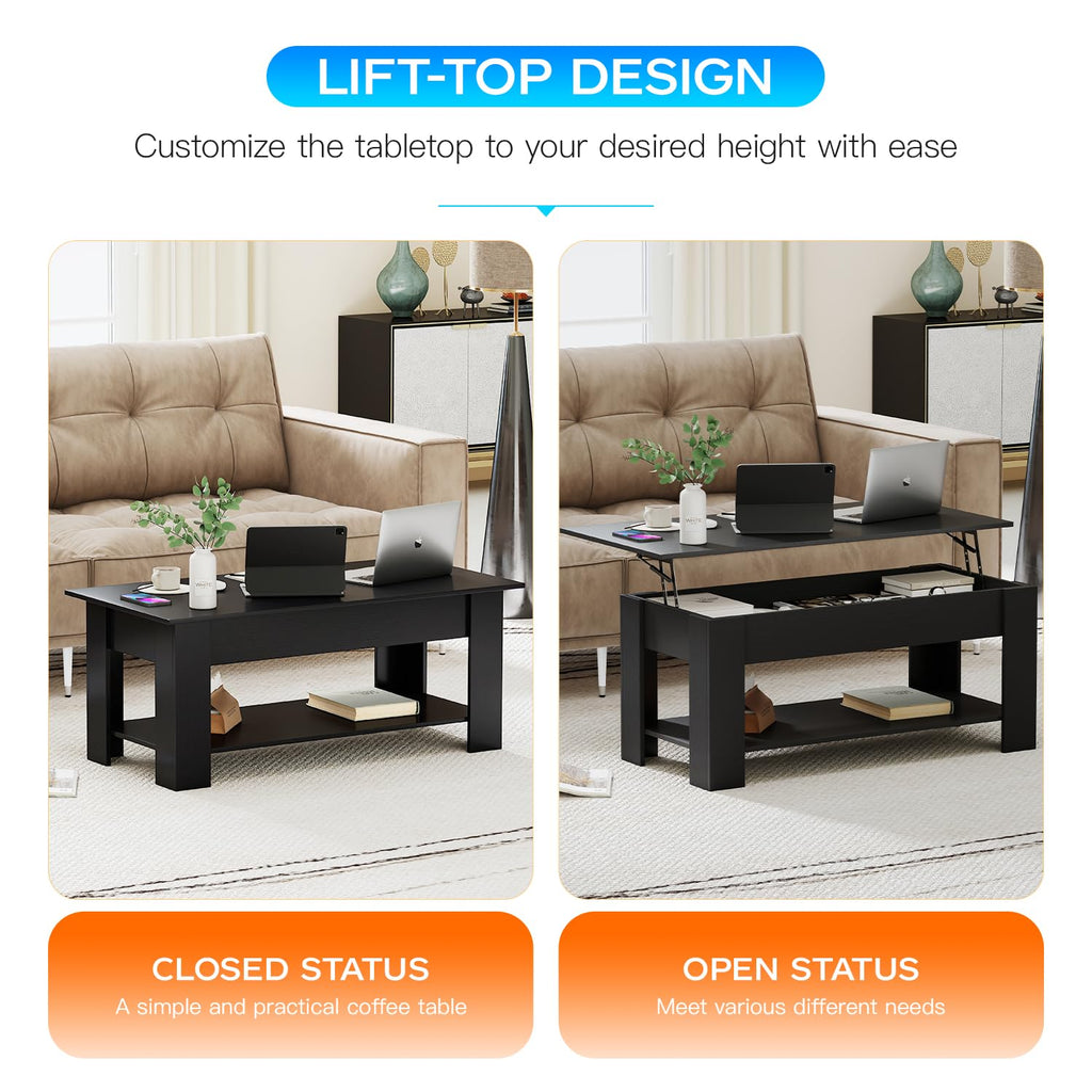 FDW 39 inch Lift Top Coffee Table with Hidden Storage Compartment & Lower Shelf,Coffee Table with Lift Top for Living Room,Home Small Space,Black