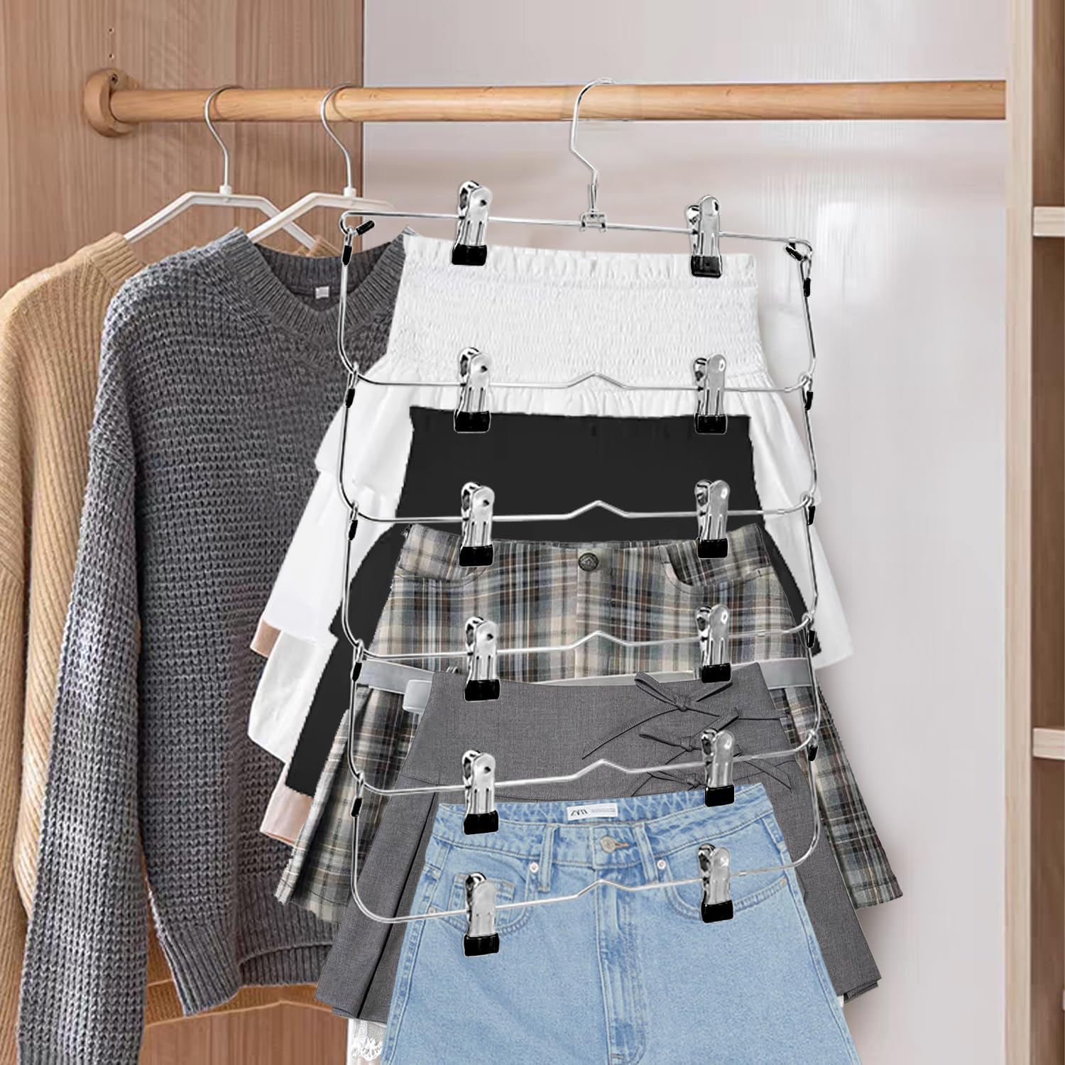 Skiennix Skirt Pants Hangers - Space-Saving Metal Clips for Organized Clothing | Black 2-Piece Set