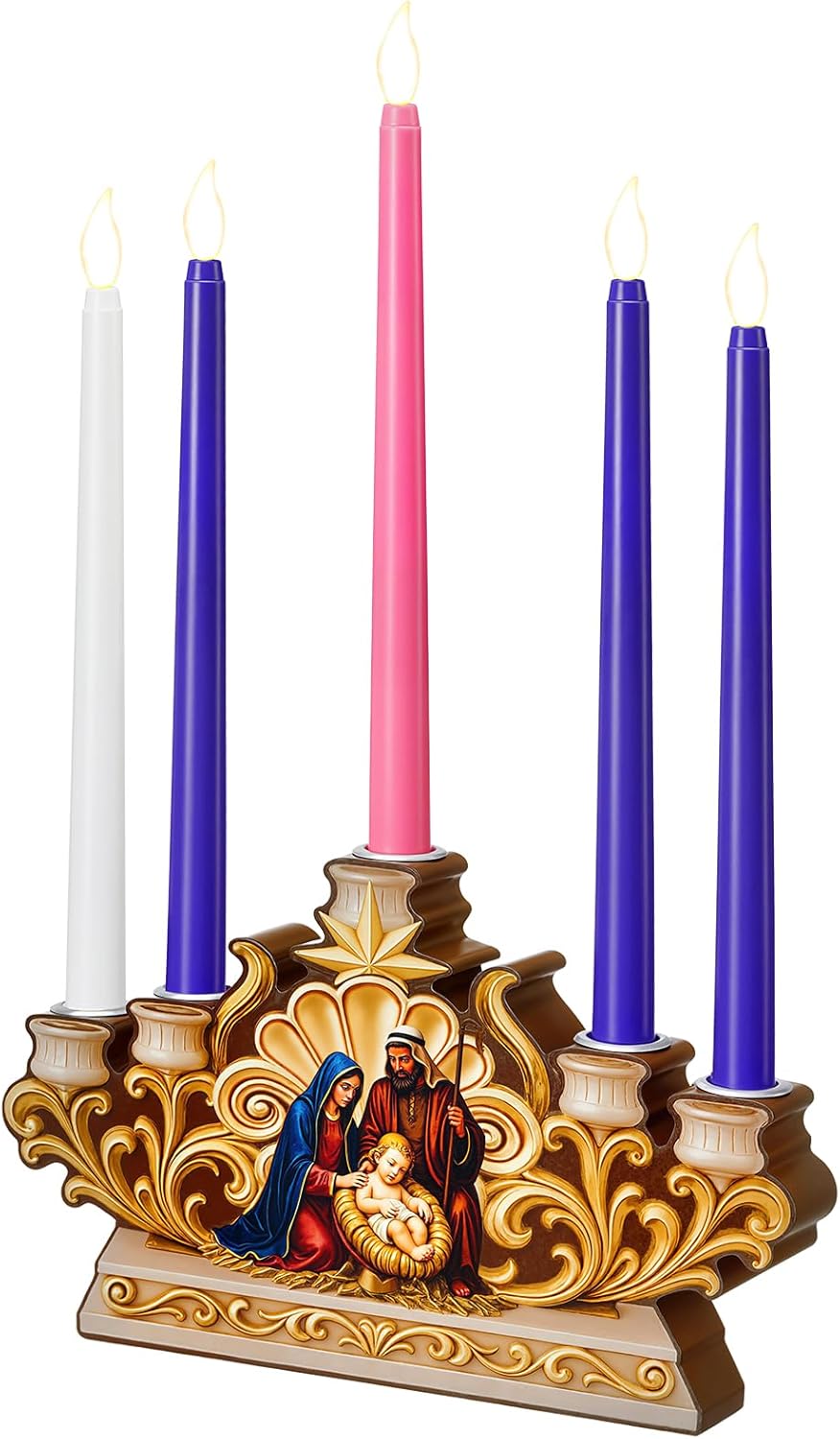 Qinyoung Advent Candle Holder - 5 Pcs Flameless Candles with Nativity Scene | Religious Table Decor