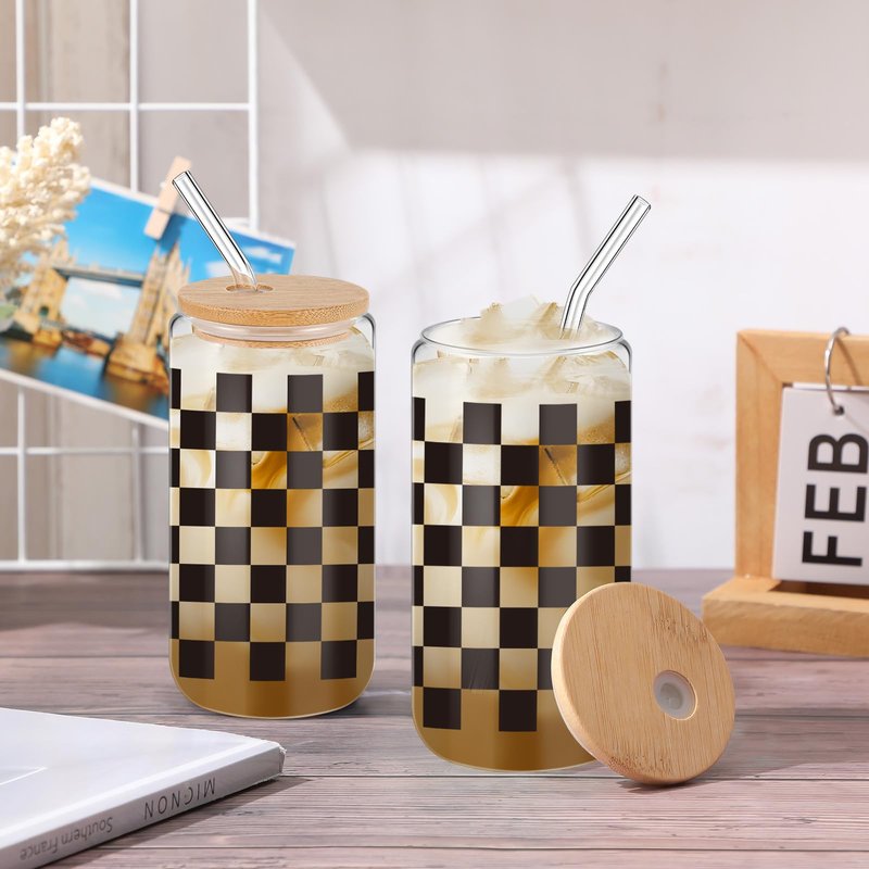 Yetene 12 Set 16oz Checkerboard Glass Cups with Bamboo Lids and Straws White Black Checkered Flag Glasses Tumblers Ice Coffee Cup for Racing Car Christmas Party Drink Decoration Gifts for Women