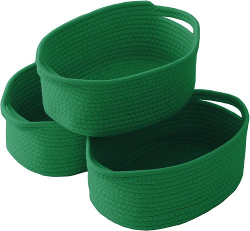 JMvicyroam Woven Storage Baskets - Small Rope Bins with Handles for Organizing Shelves | Green, 3-Pack