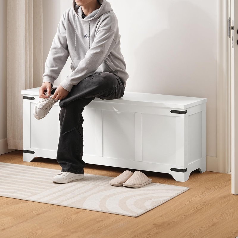 MAHANCRIS Storage Chest, 39.4" Storage Trunk with 2 Safety Hinges, Wooden Toy Chest, Entryway Shoe Bench, Large Toy Box for Kids Room, Bedroom, Living Room, White SCWT5101