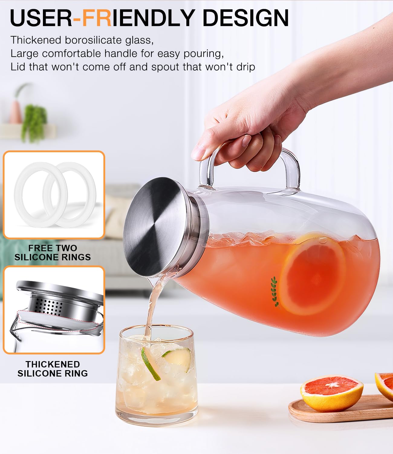 LUNA & MANTHA 2 Liter 68oz Water Pitcher with Handle and Spout, Glass Pitcher with Lid for Fridge, Borosilicate Glass for Sangria, Iced Tea, Juice, Cold/Hot Beverage, Large Jug with 2 Silicone Rings