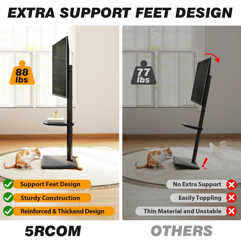5Rcom Floor TV Stand with Mount for 32-60 inch TVs, Swivel and Height Adjustable Floor Standing TV Stands with Wood Base, Tall TV Stand with Shelf up to 88 lbs for Living Room, Bedroom and Corner