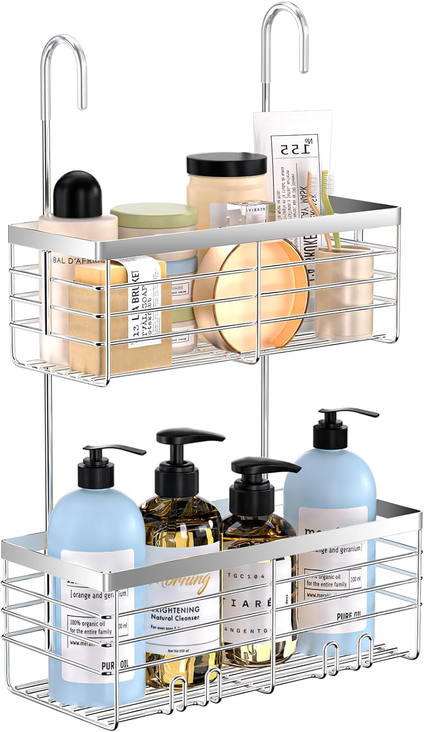 YUOROS Shower Caddy - 2-Tier Over The Door Organizer Rack | Rustproof 304 Stainless Steel, Silver