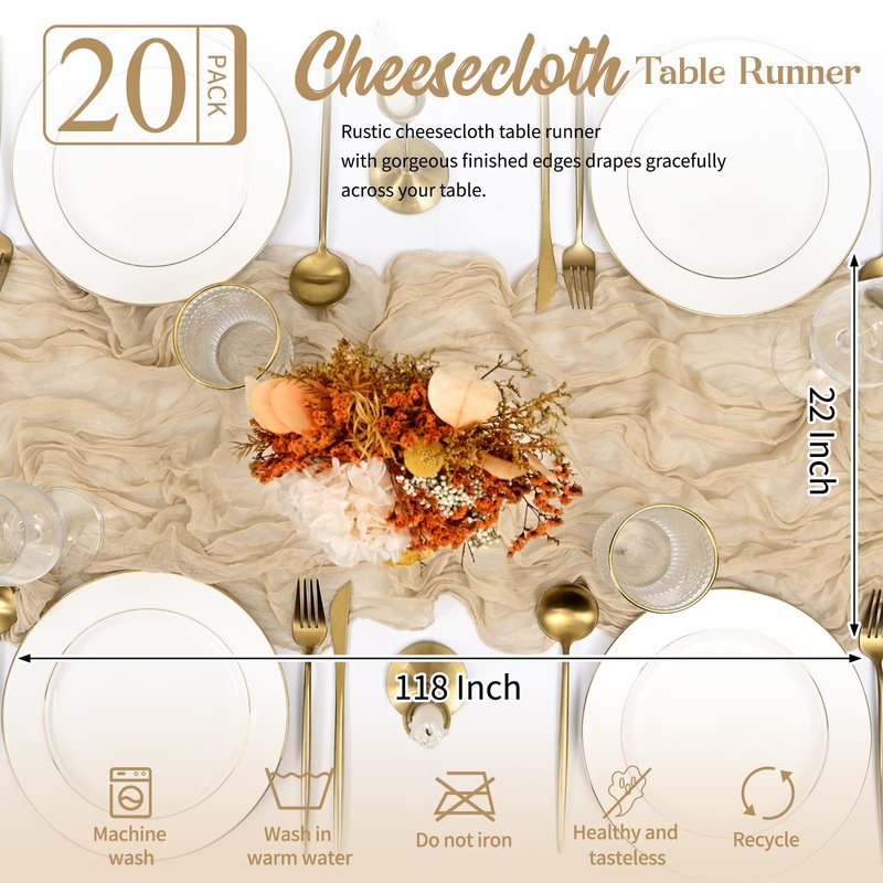 20 Pack Beige Table Runner 10FT Long Cheesecloth Table Runner Cheese Cloth Gauze for Wedding Party Birthday Decoration-Beige