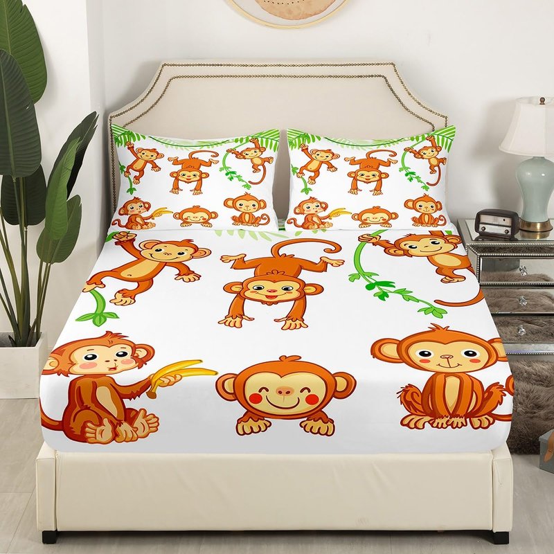 Feelyou Kids Cute Monkeys Bed Sheets Cartoon Monkey Banana Decor Sheet Set for Kids Boys Girls Wild Animal Pattern Bed Set Natural Wildlife Sheets Bedroom Collection 4Pcs Full Size