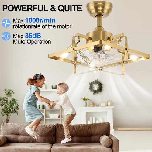 ECOBRT 16" Gold Ceiling Fan with Light and Remote, Flush Mount Indoor, 6-Speed Reversible Motor for Bedroom, Living Room, Kitchen