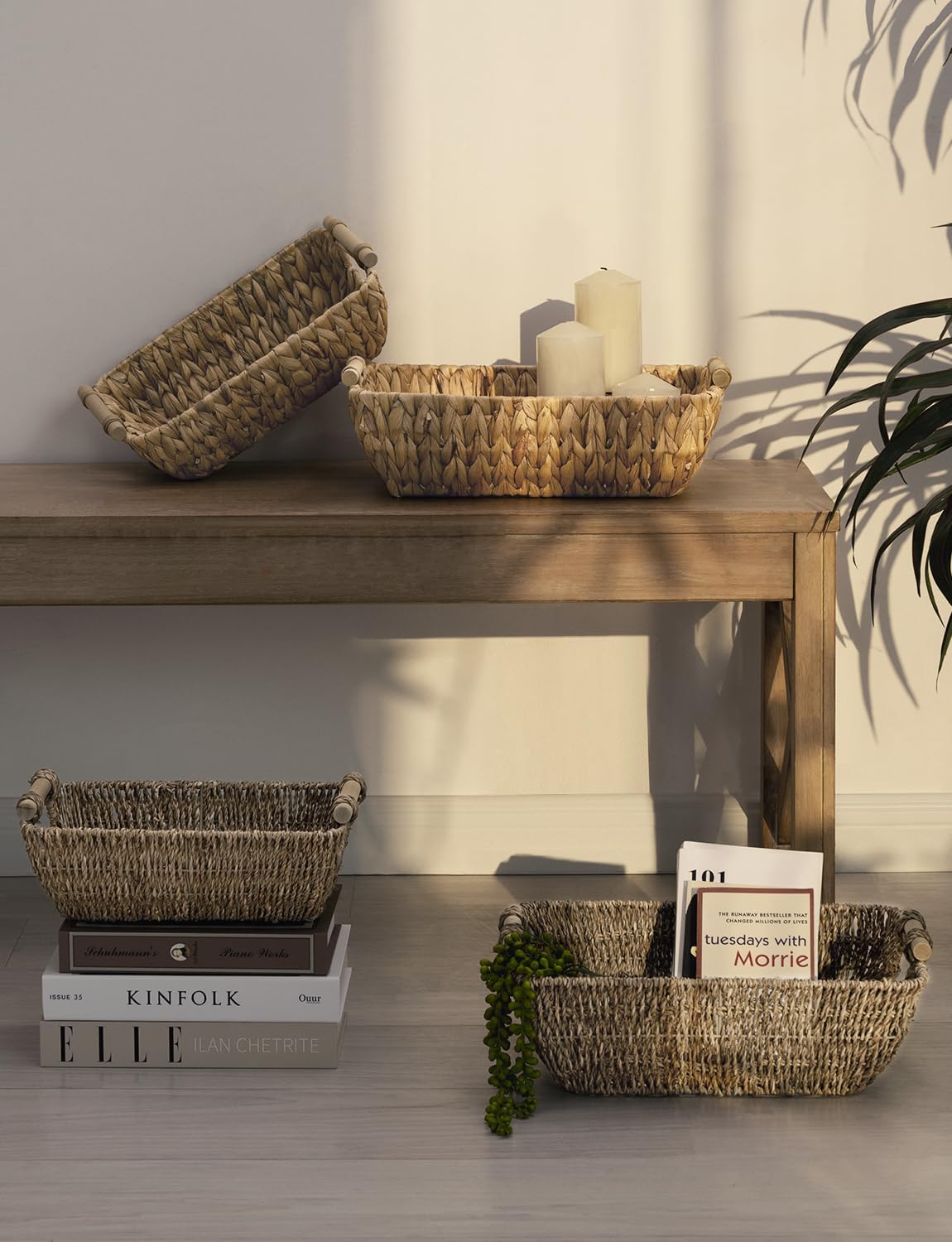 StorageWorks Seagrass Woven Baskets - Small Shelf Storage with Wooden Handles | 2-Pack