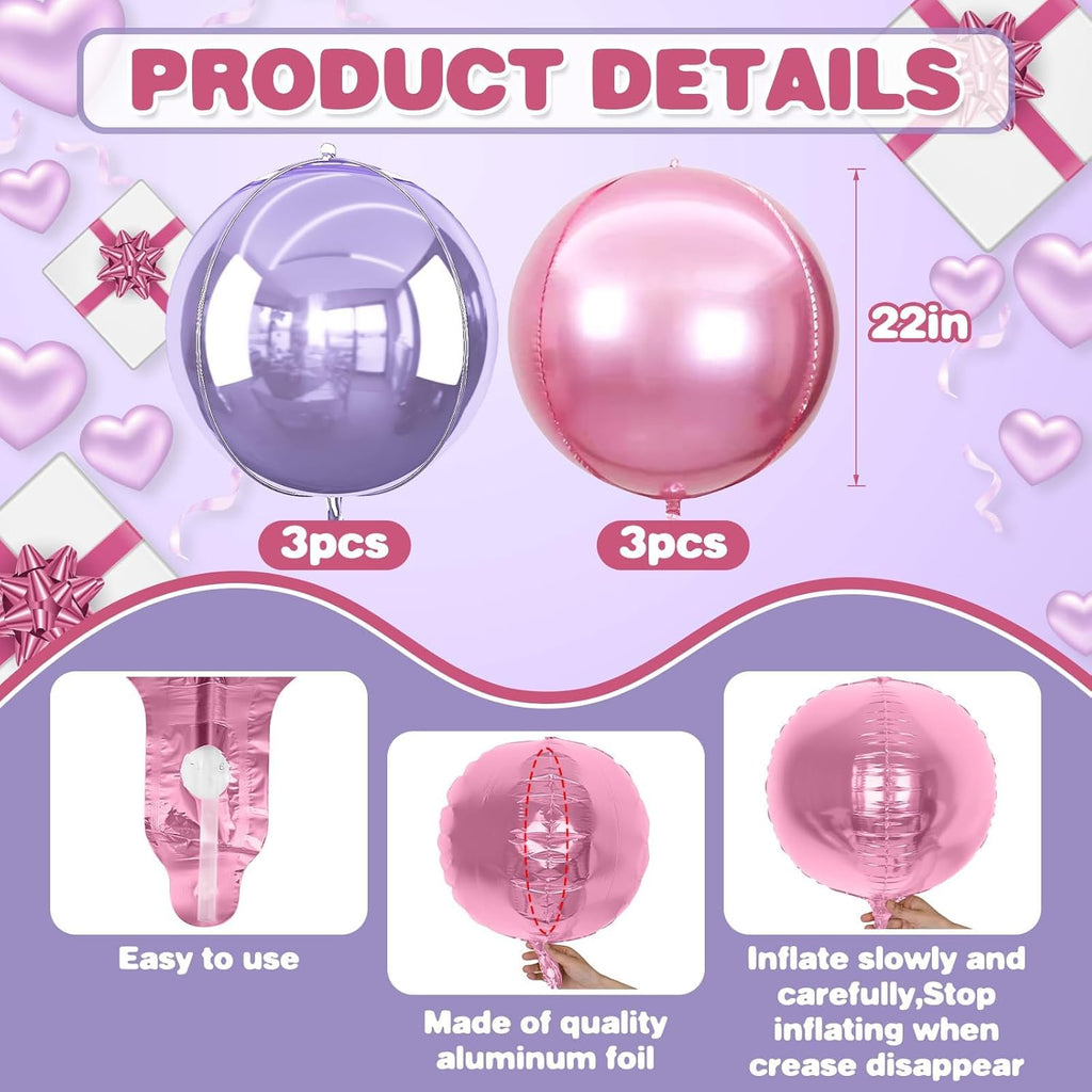 Skiennix 22-Inch Metallic Pink & Purple Round Foil Balloons - 6Pcs for Birthday & Wedding Decor