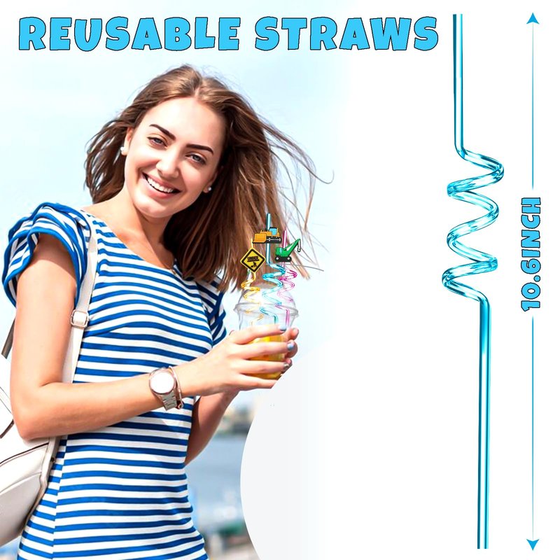 24 Reusable Construction Plastic Straws Excavator Bulldozer Blender Truck for Construction CraneTheme Birthday Party Supplies