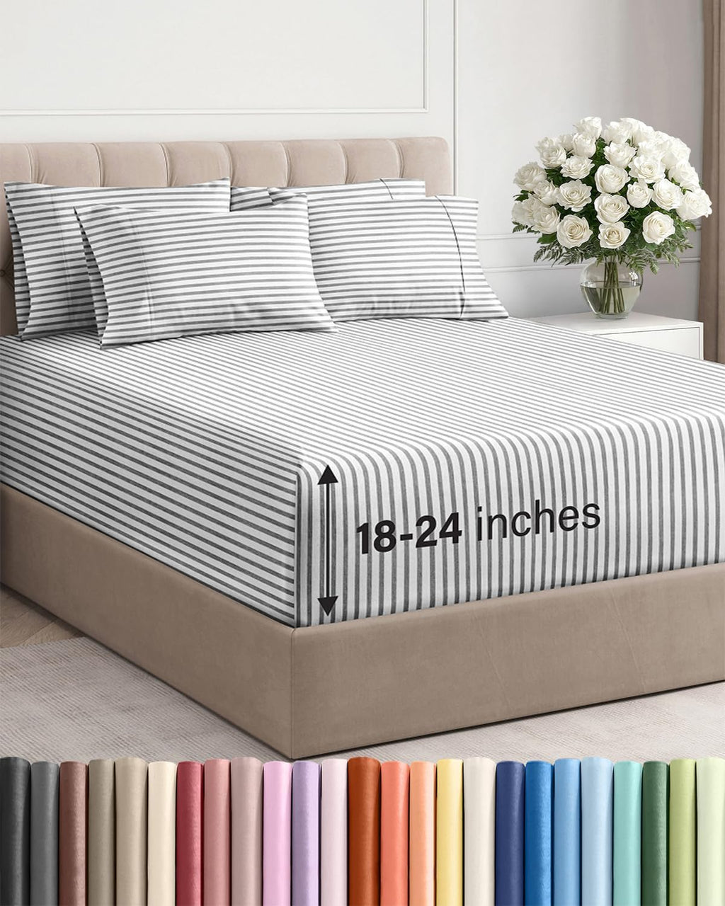 Skiennix Extra Deep Cal King Sheet Set - 6 Piece Cooling & Breathable Luxury Bedding - Soft, Wrinkle-Free Grey Stripes