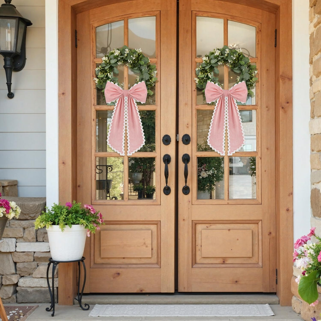 Skiennix Scalloped Wreath Sash - Ruffle Ribbon Bow for Front Door Decor | Pink & White, 2 Pcs