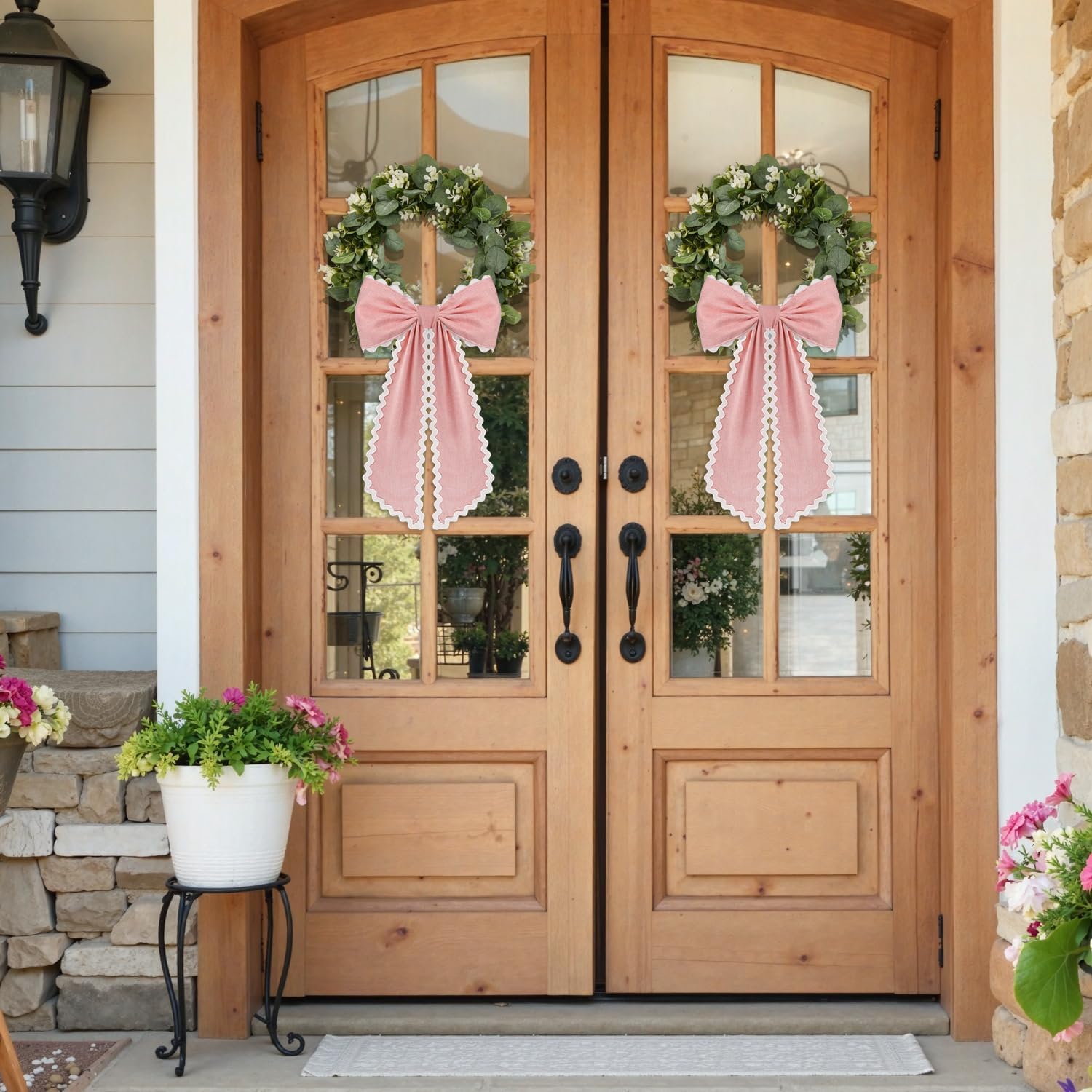 Skiennix Scalloped Wreath Sash - Ruffle Ribbon Bow for Front Door Decor | Pink & White, 2 Pcs