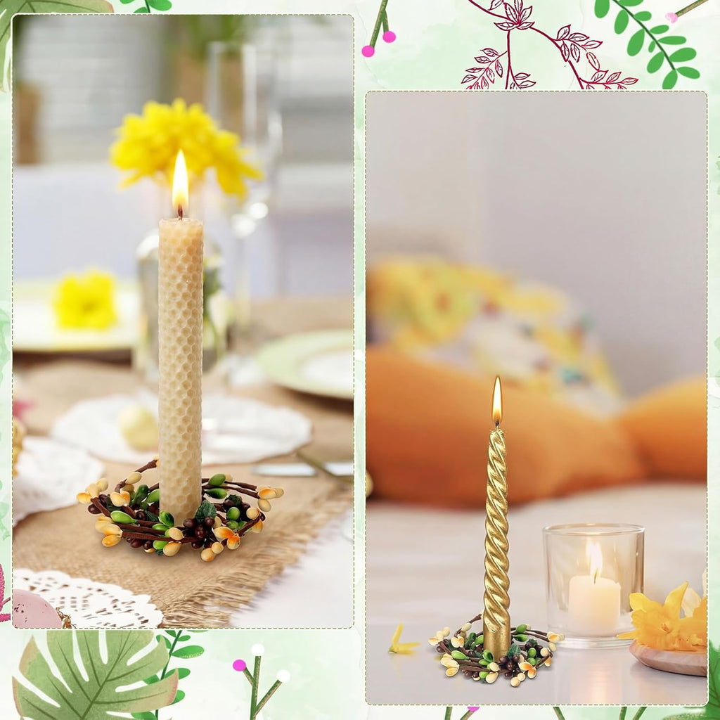 Suncalla Spring Pip Berry Taper Candle Rings - 4 Pcs Mini Artificial Wreaths for Home Decor